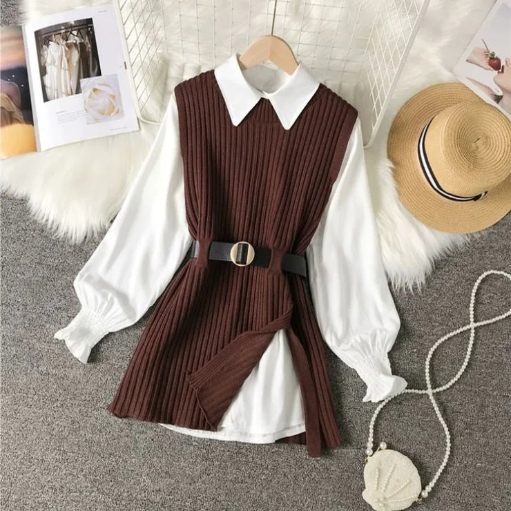 2025 Women Autumn/Winter New Fashion In Dress Matching Set Korean Elegant Knit Vest+White Shirt+pleated Short Skirt 3-Piece Suit