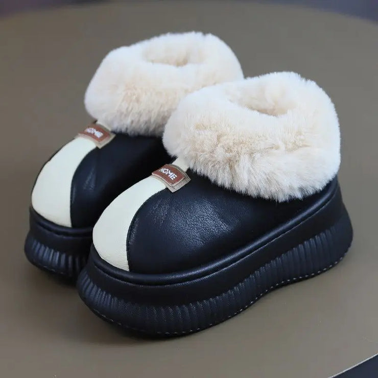 House Slippers for Women New Leather Waterproof Platform Winter Cotton Shoes Home Non-slip Warm Plush Fashion Snow Boots