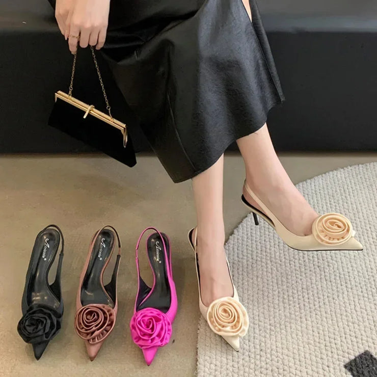 Hot Selling 2025 new Sexy Silk Slingback Pointed Toe Women Pumps Fashion Design Flowers Thin Heels Banquet Prom Shoes 35-40