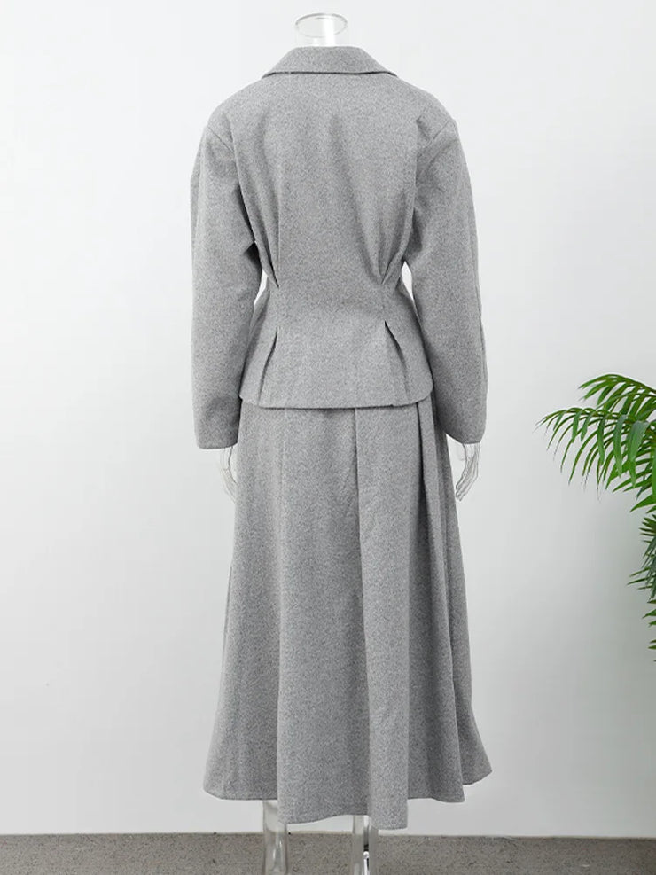Two-piece Set Woolen Coat Skirt Set Women Lapel Hidden Buckle Blazers+High Waist Pleated Skirt