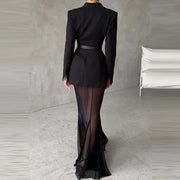 Ladies Fashion Solid Long Sleeve Blazer +Mermaid Skirts Suit 2025 Women Transparent Mesh Two Piece Set Elegant Banquet Outfits