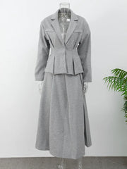 Two-piece Set Woolen Coat Skirt Set Women Lapel Hidden Buckle Blazers+High Waist Pleated Skirt