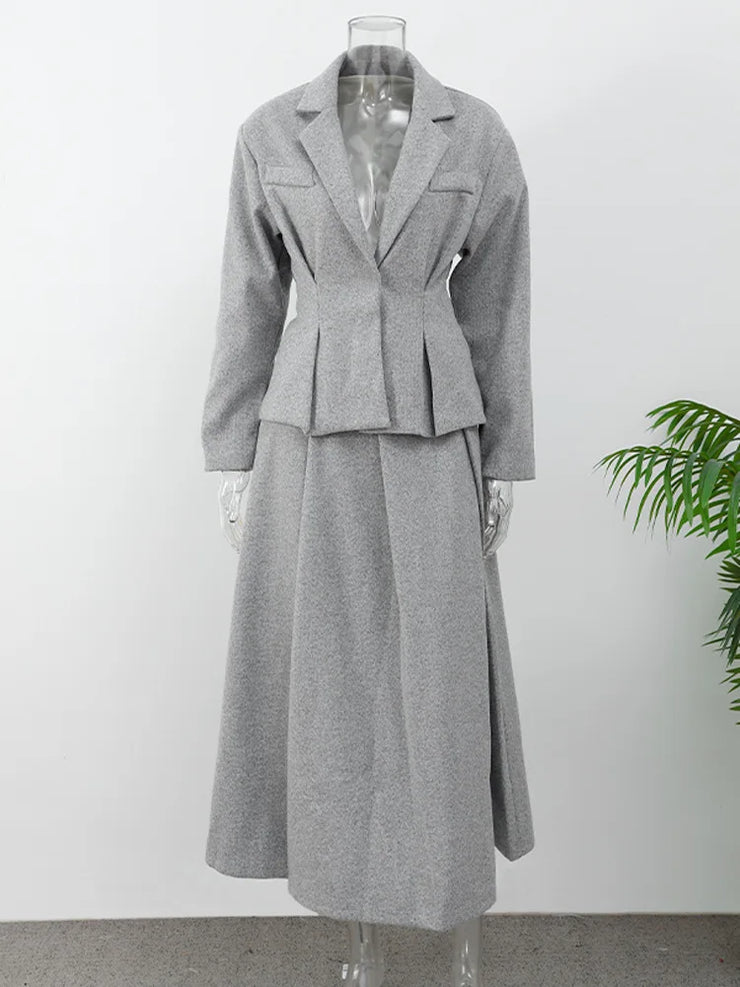 Two-piece Set Woolen Coat Skirt Set Women Lapel Hidden Buckle Blazers+High Waist Pleated Skirt