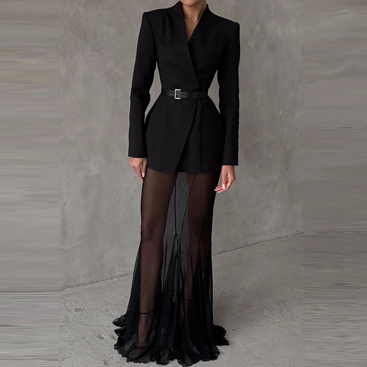 Ladies Fashion Solid Long Sleeve Blazer +Mermaid Skirts Suit 2025 Women Transparent Mesh Two Piece Set Elegant Banquet Outfits