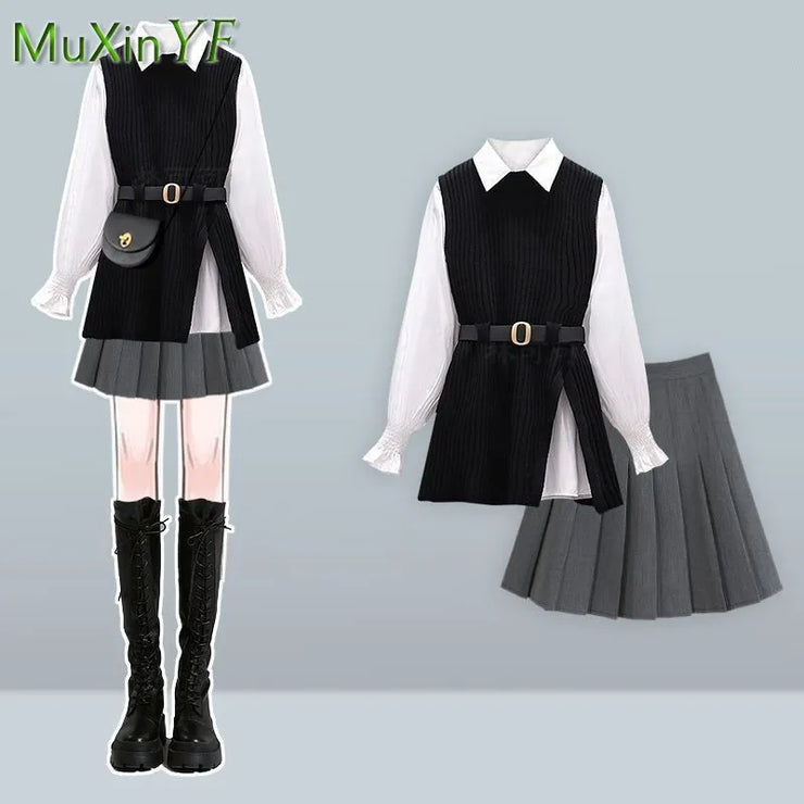 2025 Women Autumn/Winter New Fashion In Dress Matching Set Korean Elegant Knit Vest+White Shirt+pleated Short Skirt 3-Piece Suit