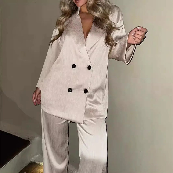 Chic Double-Breasted Satin Suit Set – 2-Piece Outfit