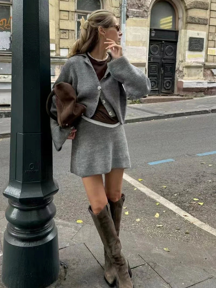 Knitted Cardigan And Skirt Set
