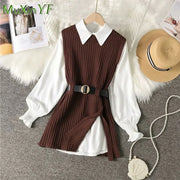2025 Women Autumn/Winter New Fashion In Dress Matching Set Korean Elegant Knit Vest+White Shirt+pleated Short Skirt 3-Piece Suit