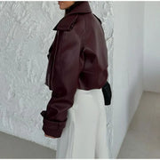 Dark Red Leather Fabric Lapel Cropped Jacket