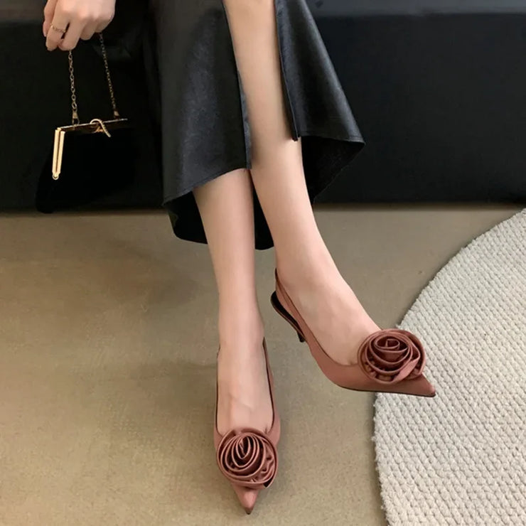 Hot Selling 2025 new Sexy Silk Slingback Pointed Toe Women Pumps Fashion Design Flowers Thin Heels Banquet Prom Shoes 35-40