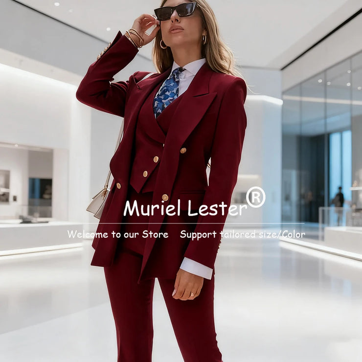 Elegant Blue Women's Suits Double Breasted 3 Piece Set