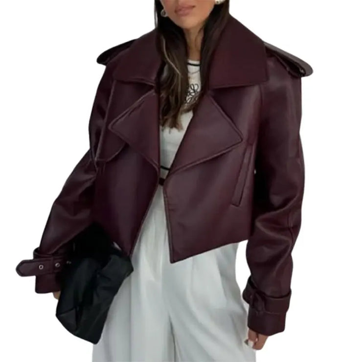 Dark Red Leather Fabric Lapel Cropped Jacket