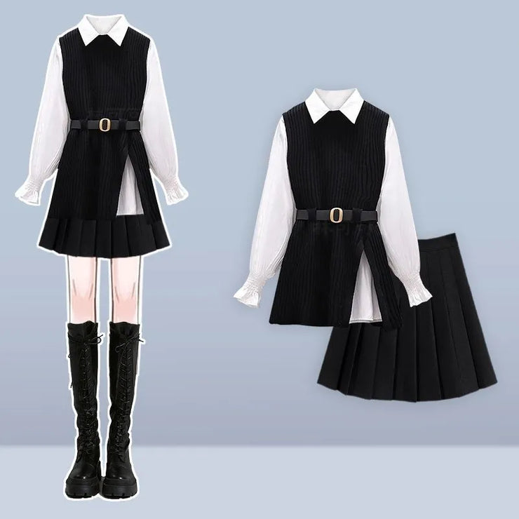 2025 Women Autumn/Winter New Fashion In Dress Matching Set Korean Elegant Knit Vest+White Shirt+pleated Short Skirt 3-Piece Suit