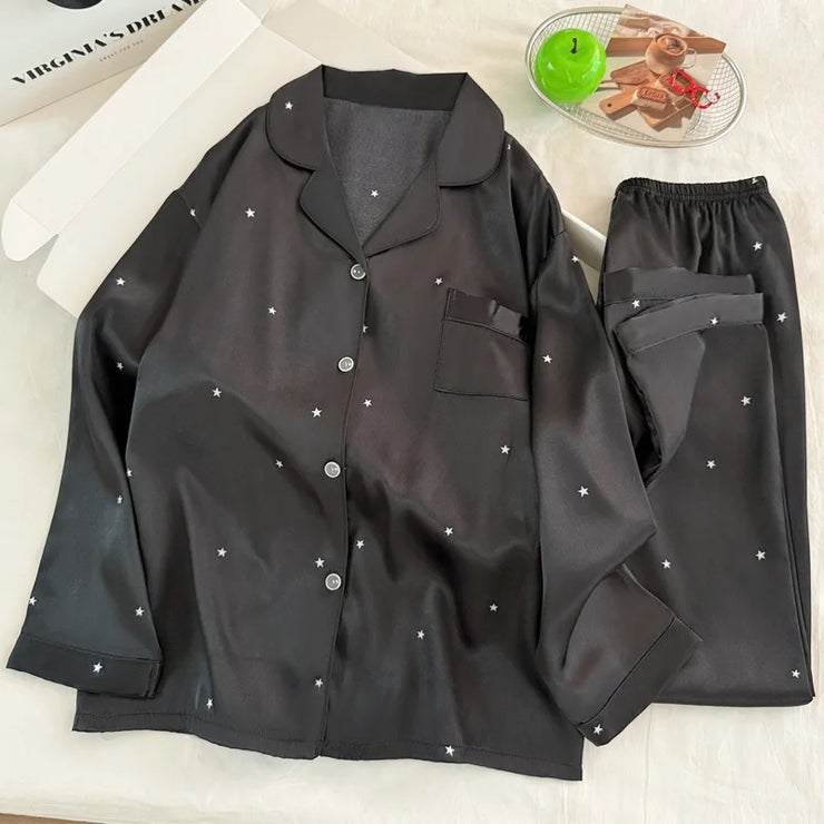 Simple Star Black Ice Silk Pajamas