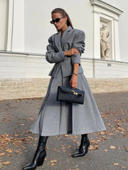 Two-piece Set Woolen Coat Skirt Set Women Lapel Hidden Buckle Blazers+High Waist Pleated Skirt