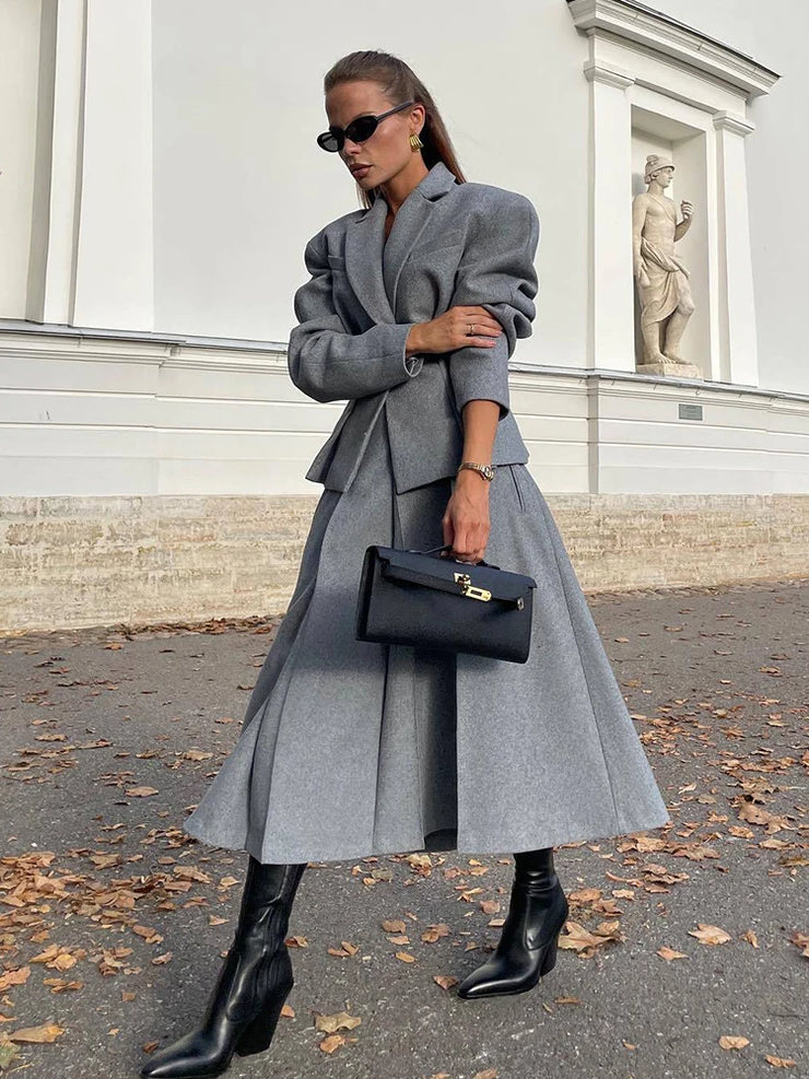 Two-piece Set Woolen Coat Skirt Set Women Lapel Hidden Buckle Blazers+High Waist Pleated Skirt