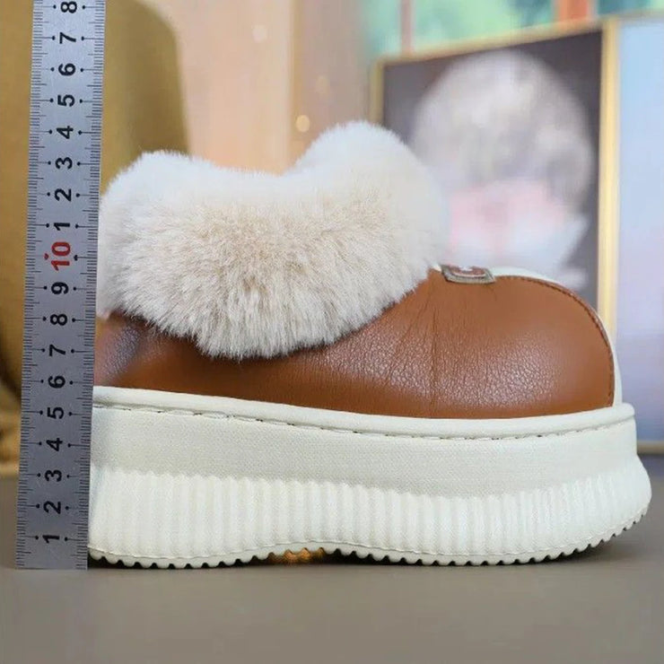 House Slippers for Women New Leather Waterproof Platform Winter Cotton Shoes Home Non-slip Warm Plush Fashion Snow Boots