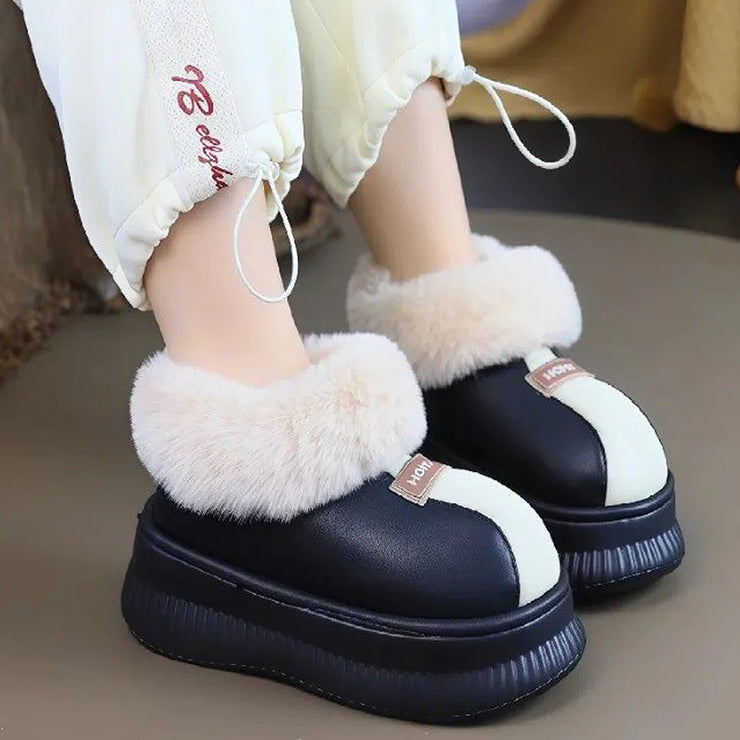 House Slippers for Women New Leather Waterproof Platform Winter Cotton Shoes Home Non-slip Warm Plush Fashion Snow Boots
