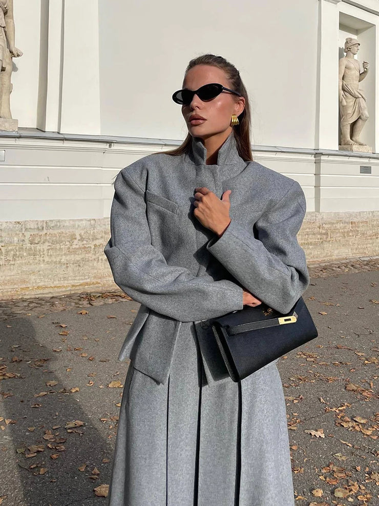 Two-piece Set Woolen Coat Skirt Set Women Lapel Hidden Buckle Blazers+High Waist Pleated Skirt