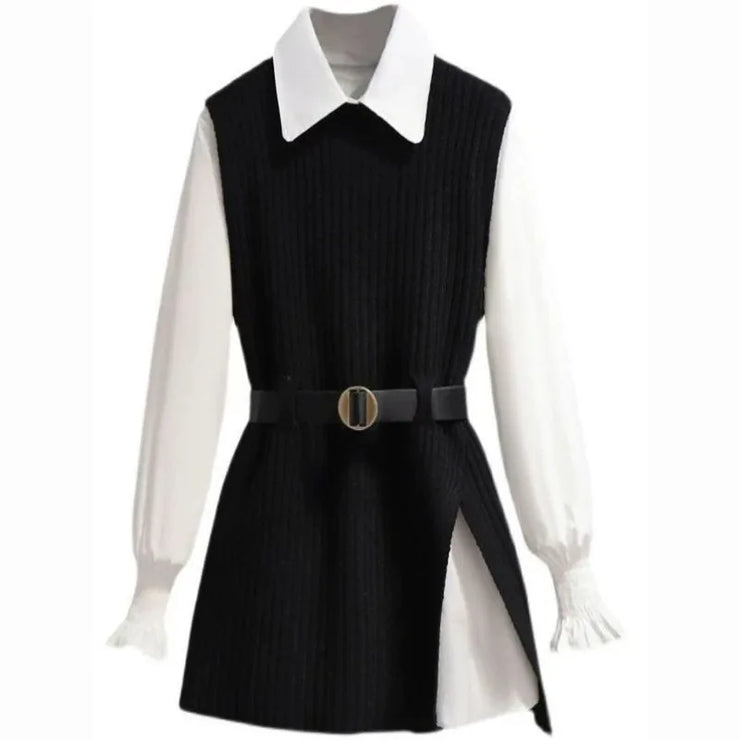 2025 Women Autumn/Winter New Fashion In Dress Matching Set Korean Elegant Knit Vest+White Shirt+pleated Short Skirt 3-Piece Suit