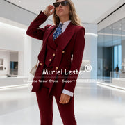 Elegant Blue Women's Suits Double Breasted 3 Piece Set