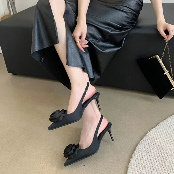 Hot Selling 2025 new Sexy Silk Slingback Pointed Toe Women Pumps Fashion Design Flowers Thin Heels Banquet Prom Shoes 35-40