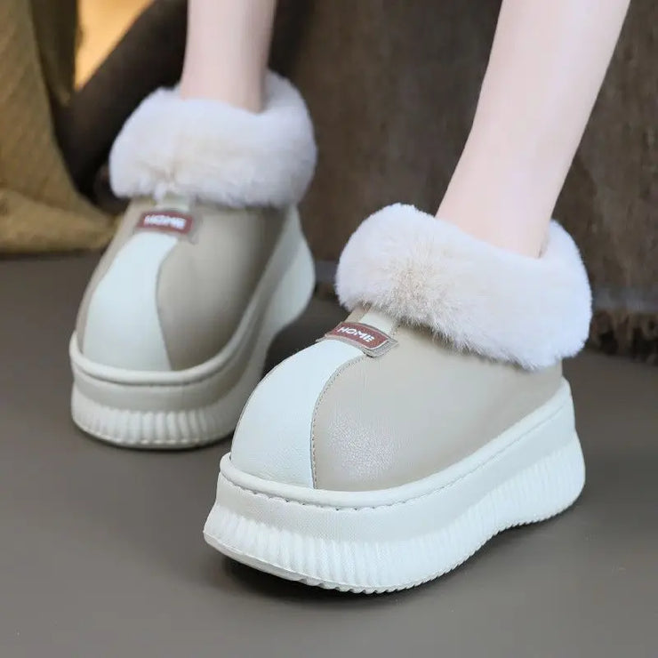House Slippers for Women New Leather Waterproof Platform Winter Cotton Shoes Home Non-slip Warm Plush Fashion Snow Boots