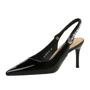 Elegant Pointed Toe High Heel Sandals Women Fashion Rhinestone Strap Open Back PU Leather Shoes