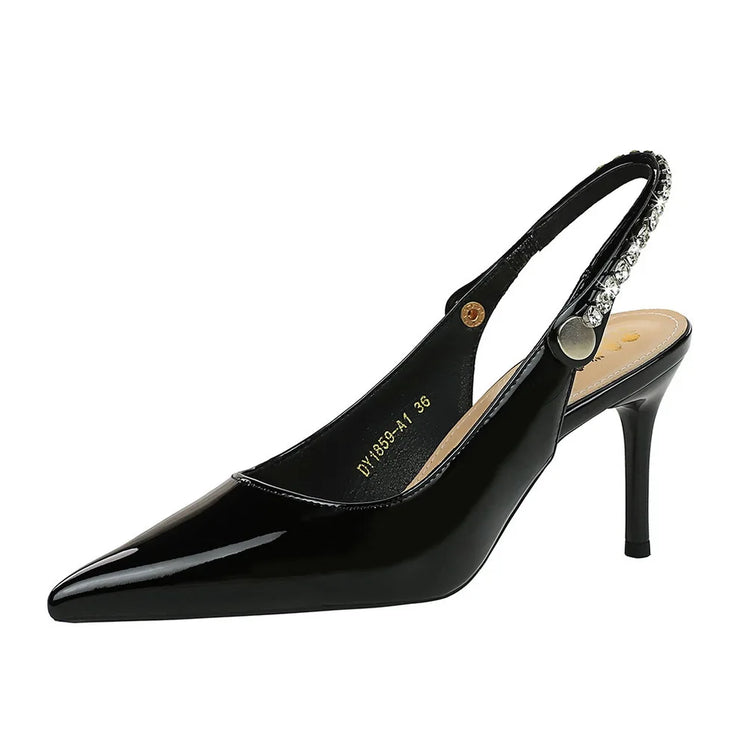Elegant Pointed Toe High Heel Sandals Women Fashion Rhinestone Strap Open Back PU Leather Shoes