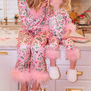 2Pcs Pajamas Loungewear Set Feather Cuff Leaves Print Tops + Pants Suits Family Matching Sleepwear