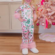 2Pcs Pajamas Loungewear Set Feather Cuff Leaves Print Tops + Pants Suits Family Matching Sleepwear