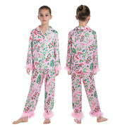 2Pcs Pajamas Loungewear Set Feather Cuff Leaves Print Tops + Pants Suits Family Matching Sleepwear
