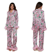 2Pcs Pajamas Loungewear Set Feather Cuff Leaves Print Tops + Pants Suits Family Matching Sleepwear