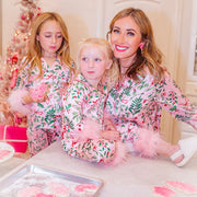 2Pcs Pajamas Loungewear Set Feather Cuff Leaves Print Tops + Pants Suits Family Matching Sleepwear