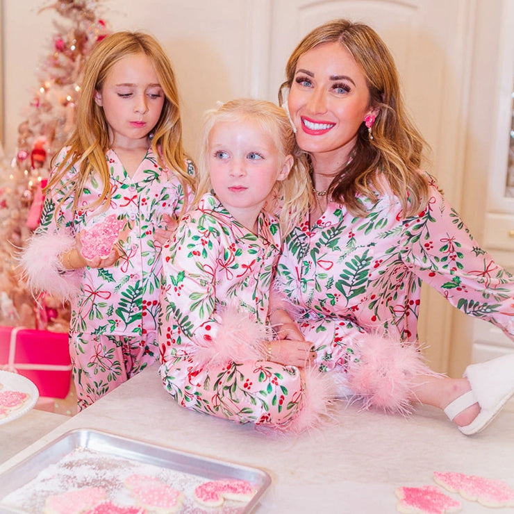 2Pcs Pajamas Loungewear Set Feather Cuff Leaves Print Tops + Pants Suits Family Matching Sleepwear