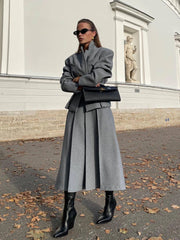 Two-piece Set Woolen Coat Skirt Set Women Lapel Hidden Buckle Blazers+High Waist Pleated Skirt