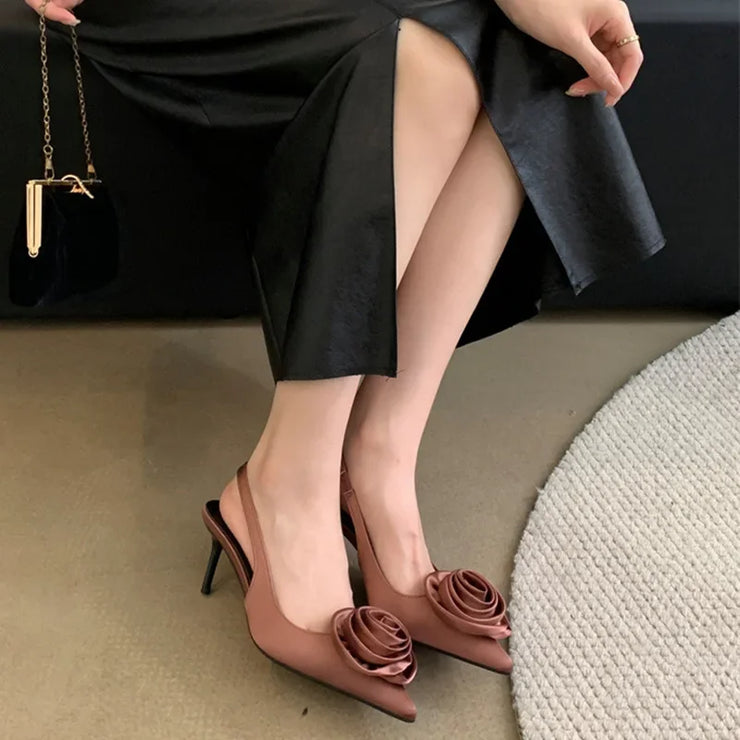 Hot Selling 2025 new Sexy Silk Slingback Pointed Toe Women Pumps Fashion Design Flowers Thin Heels Banquet Prom Shoes 35-40