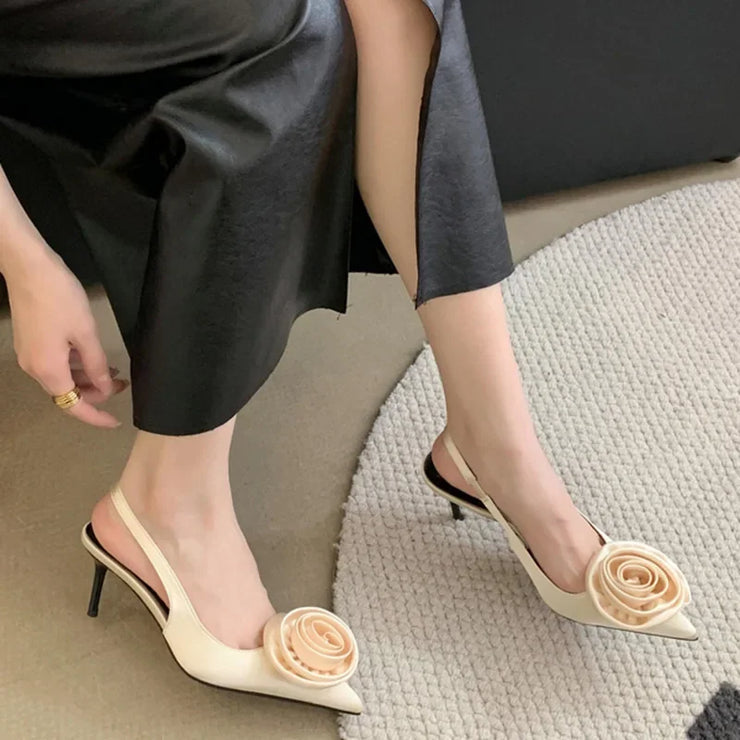 Hot Selling 2025 new Sexy Silk Slingback Pointed Toe Women Pumps Fashion Design Flowers Thin Heels Banquet Prom Shoes 35-40