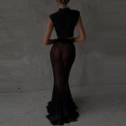 Ladies Fashion Solid Long Sleeve Blazer +Mermaid Skirts Suit 2025 Women Transparent Mesh Two Piece Set Elegant Banquet Outfits