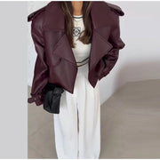 Dark Red Leather Fabric Lapel Cropped Jacket