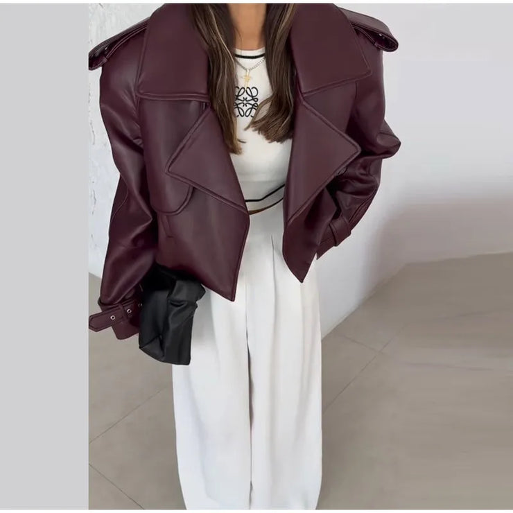 Dark Red Leather Fabric Lapel Cropped Jacket