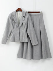 Two-piece Set Woolen Coat Skirt Set Women Lapel Hidden Buckle Blazers+High Waist Pleated Skirt