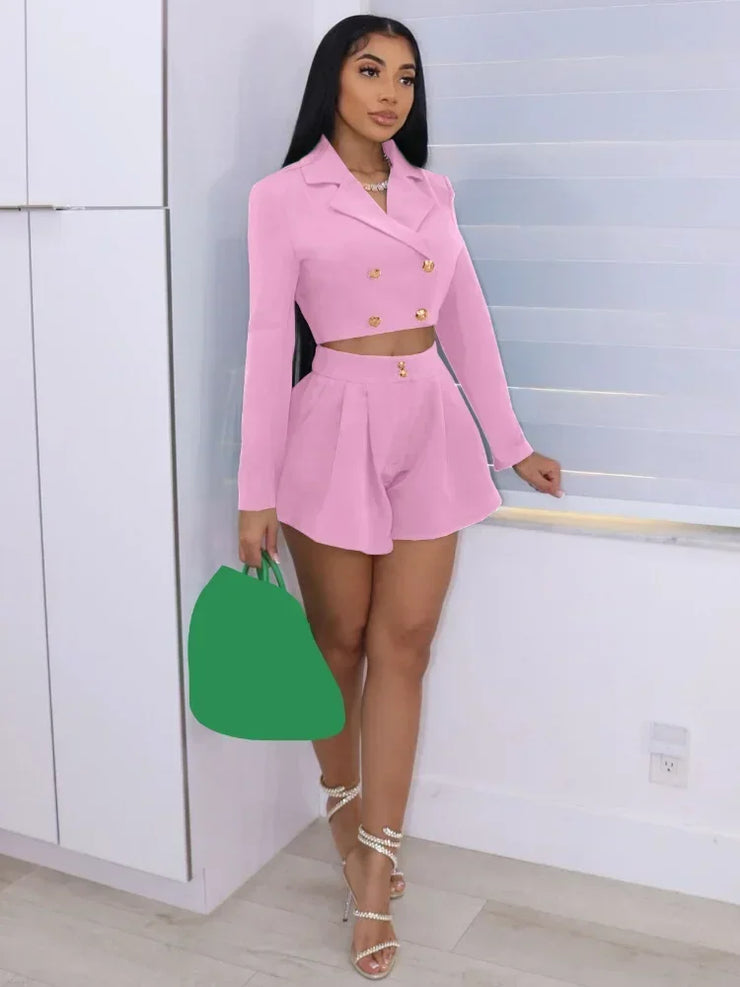 Double Breasted Cropped Coat and Short Suits
