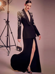 HIGH STREET Newest Fashion 2025 Women's Diamonds Rhinestone Beaded Blazer Mermaid Long Skirt