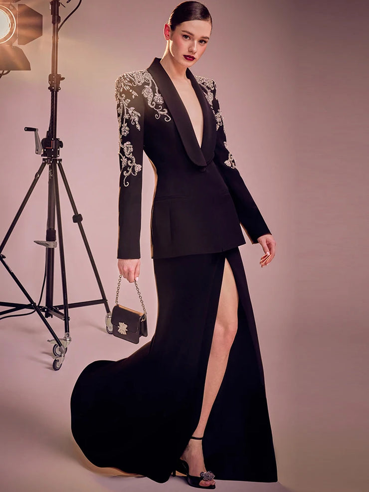 HIGH STREET Newest Fashion 2025 Women's Diamonds Rhinestone Beaded Blazer Mermaid Long Skirt