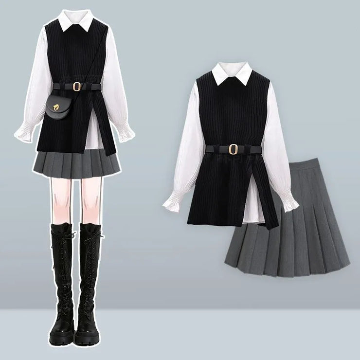 2025 Women Autumn/Winter New Fashion In Dress Matching Set Korean Elegant Knit Vest+White Shirt+pleated Short Skirt 3-Piece Suit