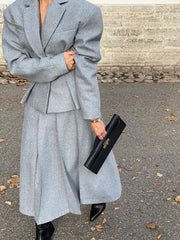 Two-piece Set Woolen Coat Skirt Set Women Lapel Hidden Buckle Blazers+High Waist Pleated Skirt