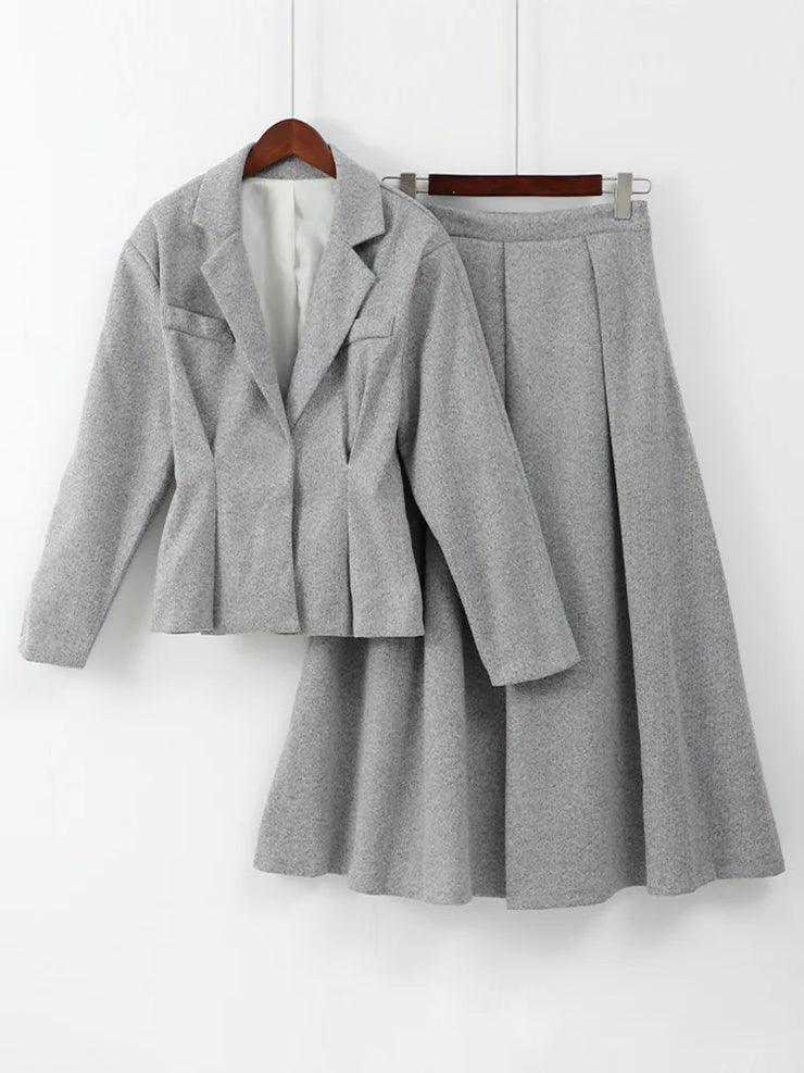 Two-piece Set Woolen Coat Skirt Set Women Lapel Hidden Buckle Blazers+High Waist Pleated Skirt