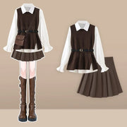 2025 Women Autumn/Winter New Fashion In Dress Matching Set Korean Elegant Knit Vest+White Shirt+pleated Short Skirt 3-Piece Suit