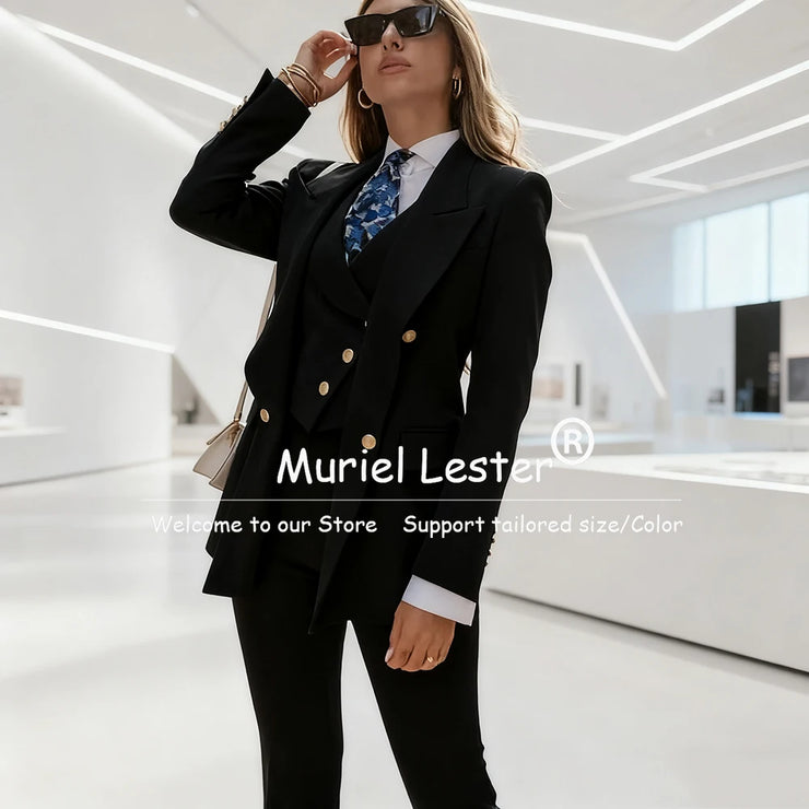 Elegant Blue Women's Suits Double Breasted 3 Piece Set